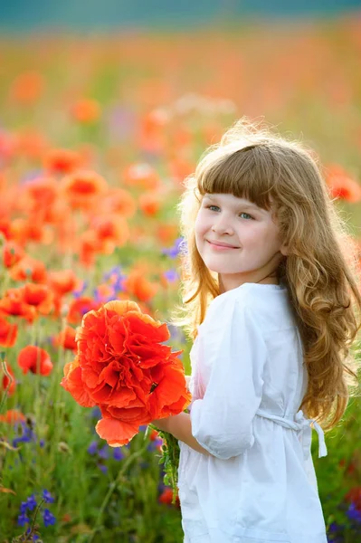 子フィールドの野生の花を選ぶします。草原と p で子供たちが遊ぶ — ストック写真