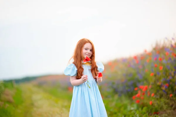 Cute girl w maku pola kwiatów na świeżym powietrzu. Dziewczyna — Zdjęcie stockowe