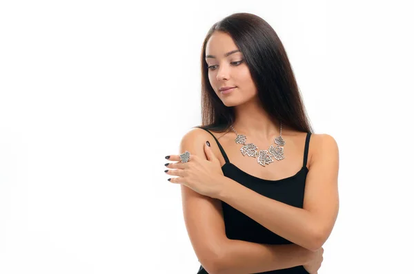 Portrait of beautiful woman wearing stylish silver Jewelery. Nec — Stock Photo, Image