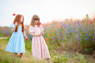 Kır çiçekleri ile iki küçük kız birbirlerine iletişim 