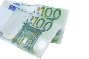 Beyaz arka plan üzerinde izole iki euro banknot. Nominal 100 Eur