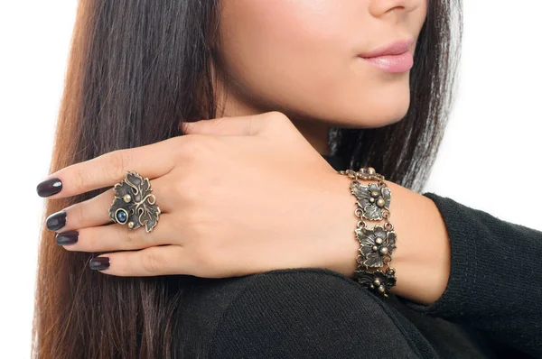 Studio portrait model wearing stylish finger ring and bracelet. — Stock Photo, Image