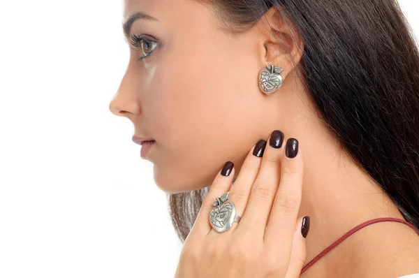 Close-up studio portrait model demonstrate stylish finger ring a — Stock Photo, Image