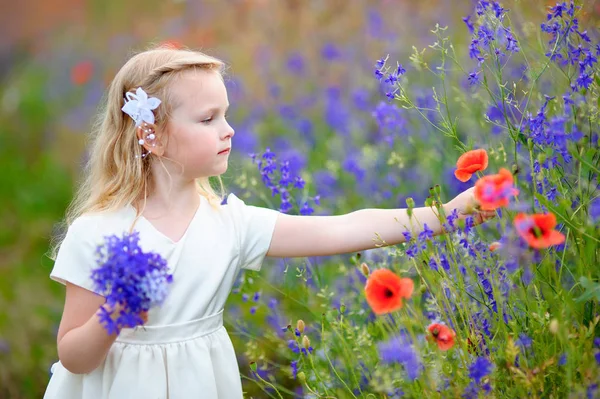 Блондинка-девочка собирает дикие цветы — стоковое фото