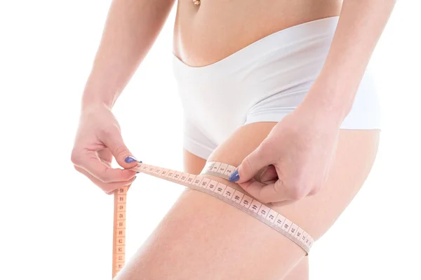 Concetto di perdita di peso. Primo piano di bella giovane donna corpo arguzia — Foto Stock