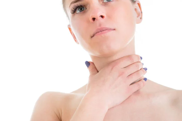 Mujer con dolor de garganta Remedios retrato aislado en blanco —  Fotos de Stock