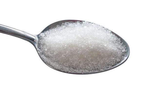 Cuchara de azúcar granulada fina aislada en blanco — Foto de Stock