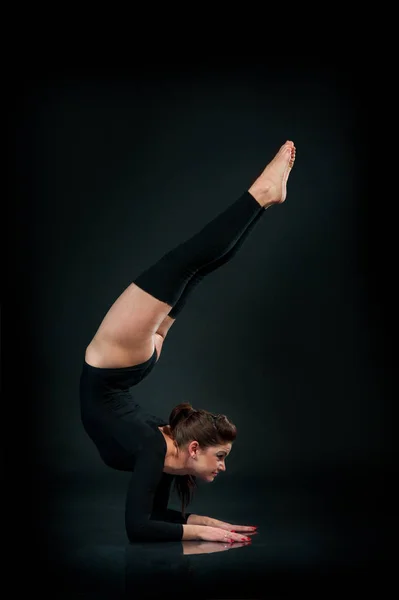 Beautiful Fitness Woman Doing Stretching Exercise Black Background Hands Standing — Stock Photo, Image