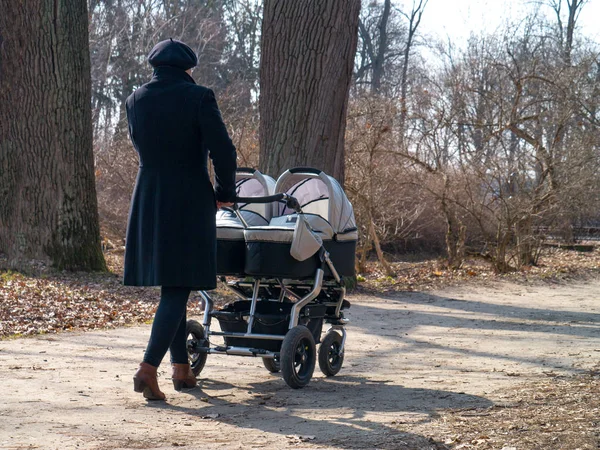 etkin anne ile bir çift ikiz bebek arabası ile parkta yürüyüş 
