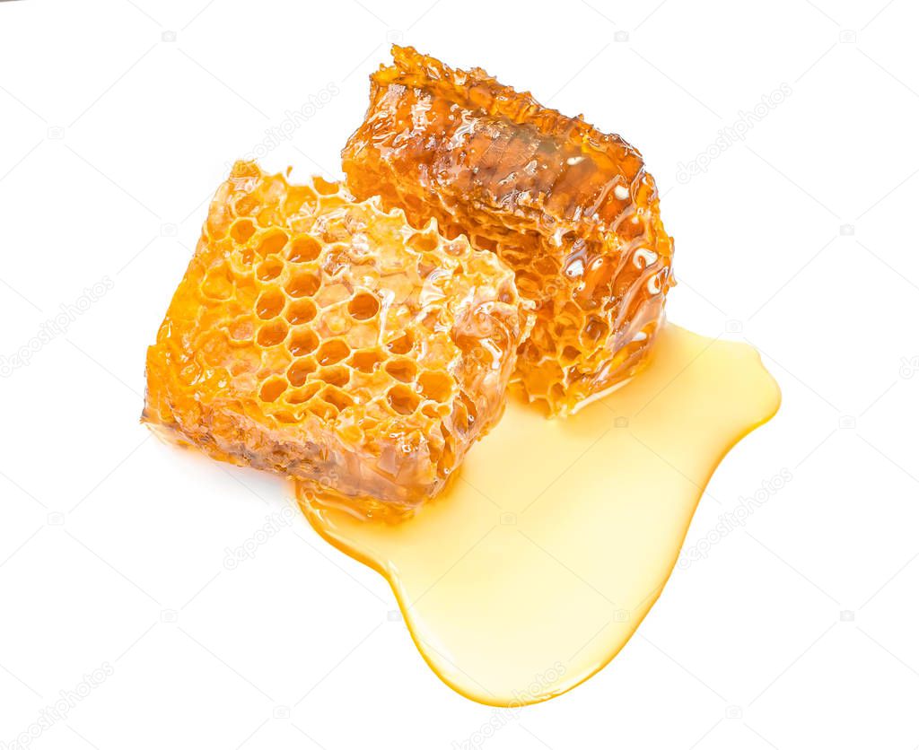 Sweet honeycomb top view, isolated on white