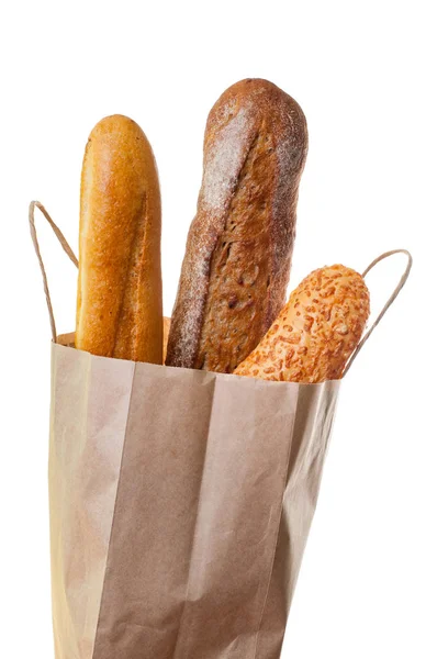Pão quente no saco de papel. Fresco e saboroso, perfeito para o seu almoço o — Fotografia de Stock