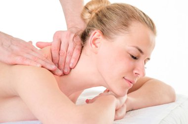 Profesyonel masör kadın boyun masaj. Rahatlatıcı spa procedu