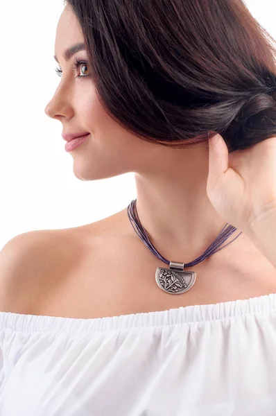 Stylish silver accessory on woman. Necklace with choker on neck. — Stock Photo, Image