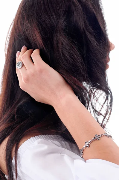Stylish silver accessory on woman. Bracelet and finger ring. Clo — Stock Photo, Image