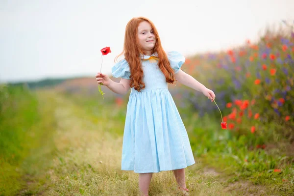Portret szczęśliwy Ładna dziewczyna z kwiatami maku w jej ręce. — Zdjęcie stockowe
