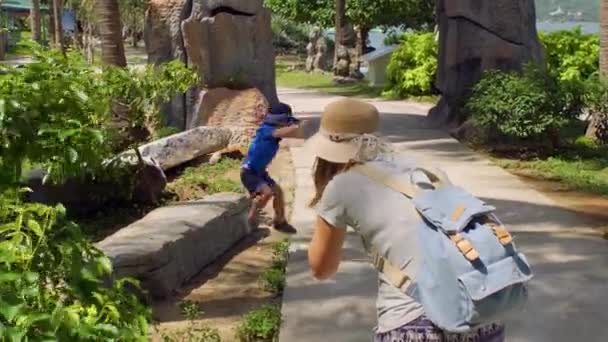 Madre toma una foto de un niño de preescolar saltando de piedra — Vídeos de Stock