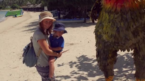 Mãe e filho olhando para uma grande estátua de um galo como um símbolo do ano novo. Vietname — Vídeo de Stock