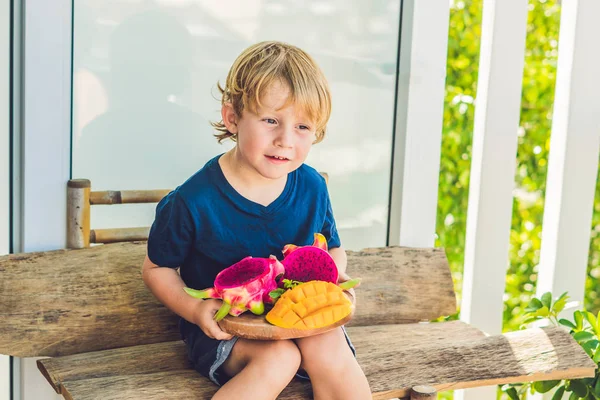Дискретний дракон фрукти і манго в руках хлопчика — стокове фото