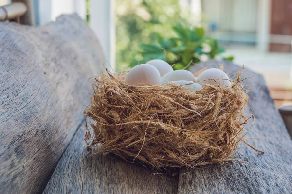 Weiße Ostereier im Nest. Osterkonzept — Stockfoto