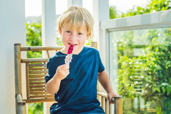 O menino segura smoothies de uma fruta de dragão com uma folha de casa da moeda e uma palha bebendo — Fotografia de Stock