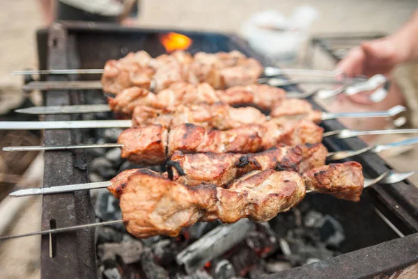 Kebabs em espetos sobre carvão vegetal — Fotografia de Stock