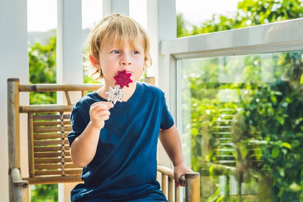 Boy holds smoothie from  dragon fruit — Stock Photo, Image