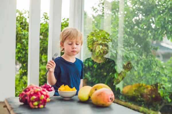 Mango yiyen küçük şirin çocuk — Stok fotoğraf