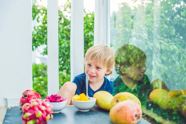 Маленький милий хлопчик їсть манго — стокове фото