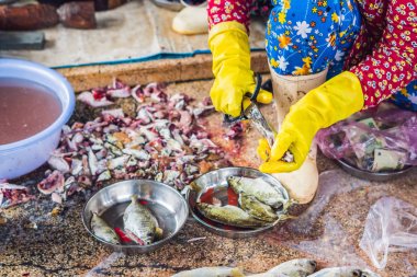 Vietnamca piyasada taze deniz ürünleri.