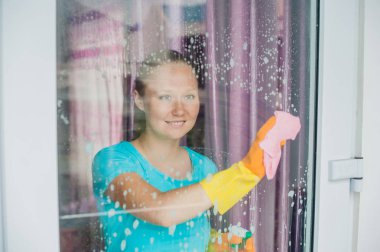 Beautiful female maid doing the housework clipart