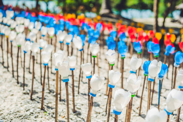 Recycled colorful plastic flowers