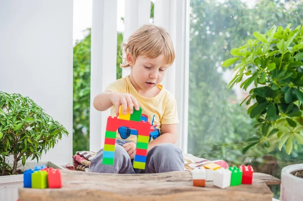 Chlapec s barevnými plastovými bloky — Stock fotografie