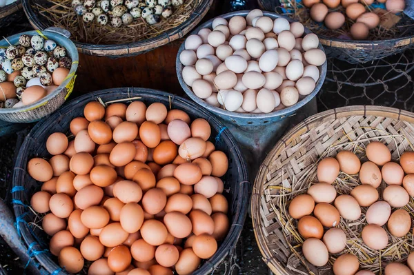 Eier - Huhn und Wachtel im Weidenkorb — Stockfoto