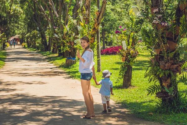 Máma a syn jsou procházky v parku — Stock fotografie