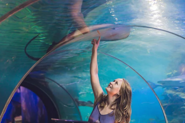 Genç kadın bir vatoz balığı dokunur — Stok fotoğraf