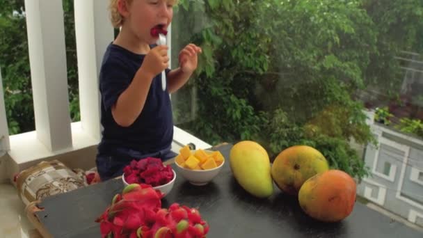 Aranyos kisfiú, eszik mangó — Stock videók