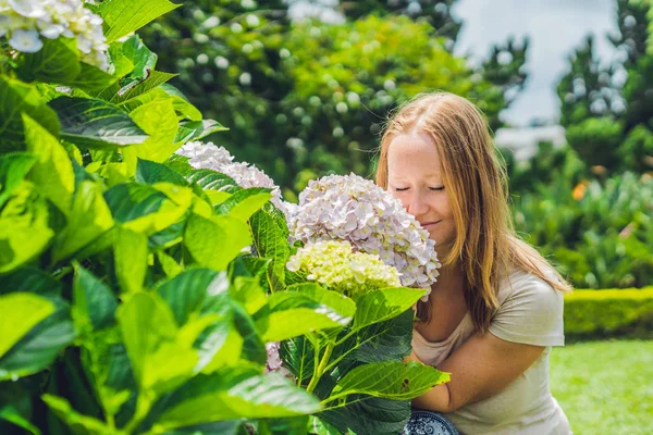 Genç kadının yanına pembe ortanca çiçek — Stok fotoğraf