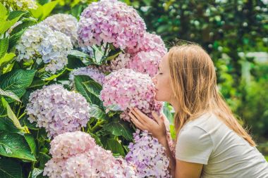Ortanca çiçek açan ile genç kadın 