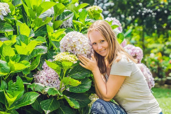 Jovem com hortênsia florescendo — Fotografia de Stock