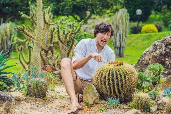 Uomo è seduto tra grandi cactus — Foto Stock