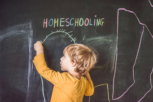 Chico está dibujando bajo palabra Homeschooling — Foto de Stock