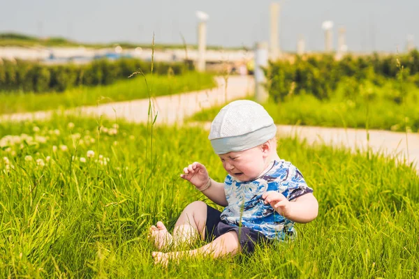 Cute little toddler baby boy on green grass — Stock Photo, Image