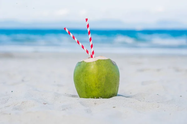 모래에 빨 대와 코코넛 — 스톡 사진