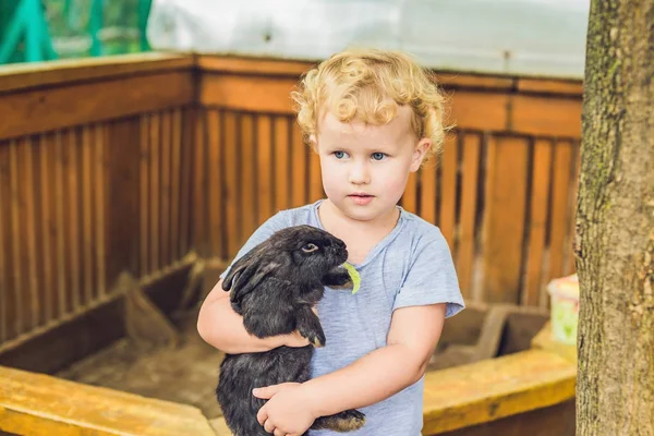 Tout-petit fille jouer avec lapin — Photo