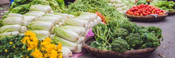 Banner Variedad Verduras Mercado Vietnamita Formato Largo — Foto de Stock