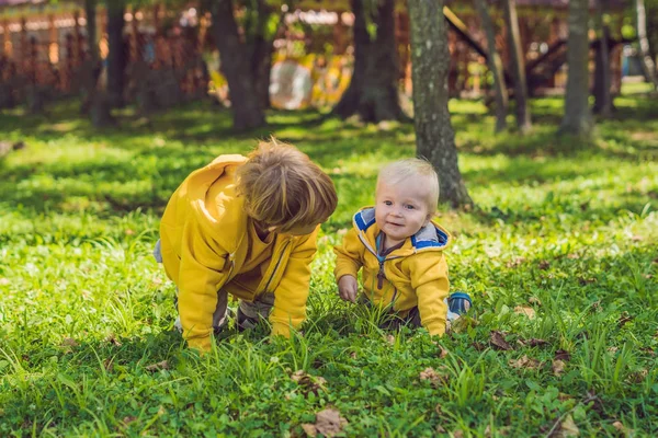 Two happy brothers in yellow sweatshirts — Stock Photo, Image