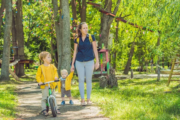 Sarı Sweatshirt Annesi Sonbahar Parkta Iki Mutlu Kardeşler — Stok fotoğraf