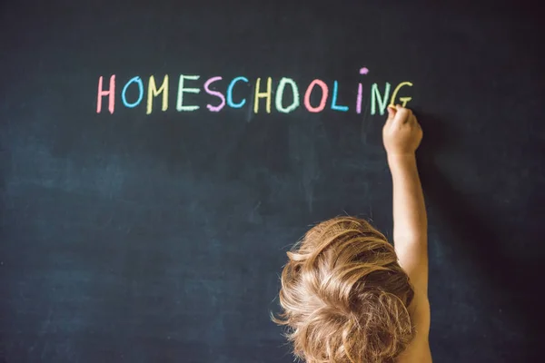 Nauka Domu Dziecko Wskazując Słowo Homeschooling Tablicy — Zdjęcie stockowe