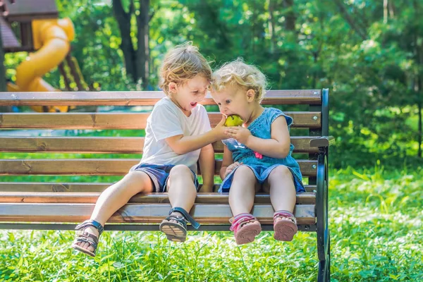 Peuters jongen en meisje eet een appel — Stockfoto