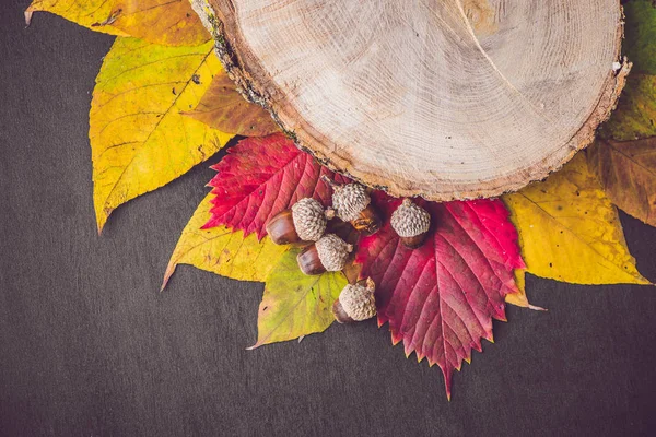 Ahşap arka planda sonbahar yaprakları
